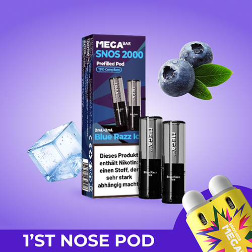 megabar snos2000 blue razz ice 2x2ml pods blaue himbeere eisig erfrischend